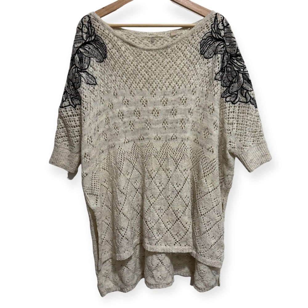 Knitted & Knotted Anthropologie Floral Embroidery Oversized Luana Poncho Sweater - Picture 1 of 14
